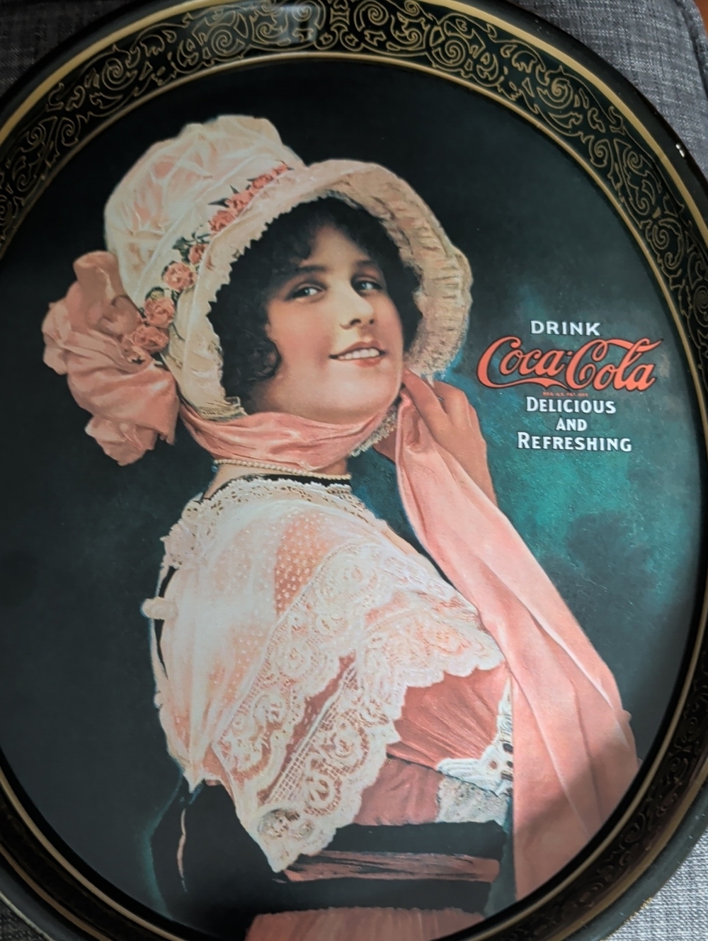 Coca-Cola Serving Tray with Pink Lady and Teal Background 1914 Reproduction